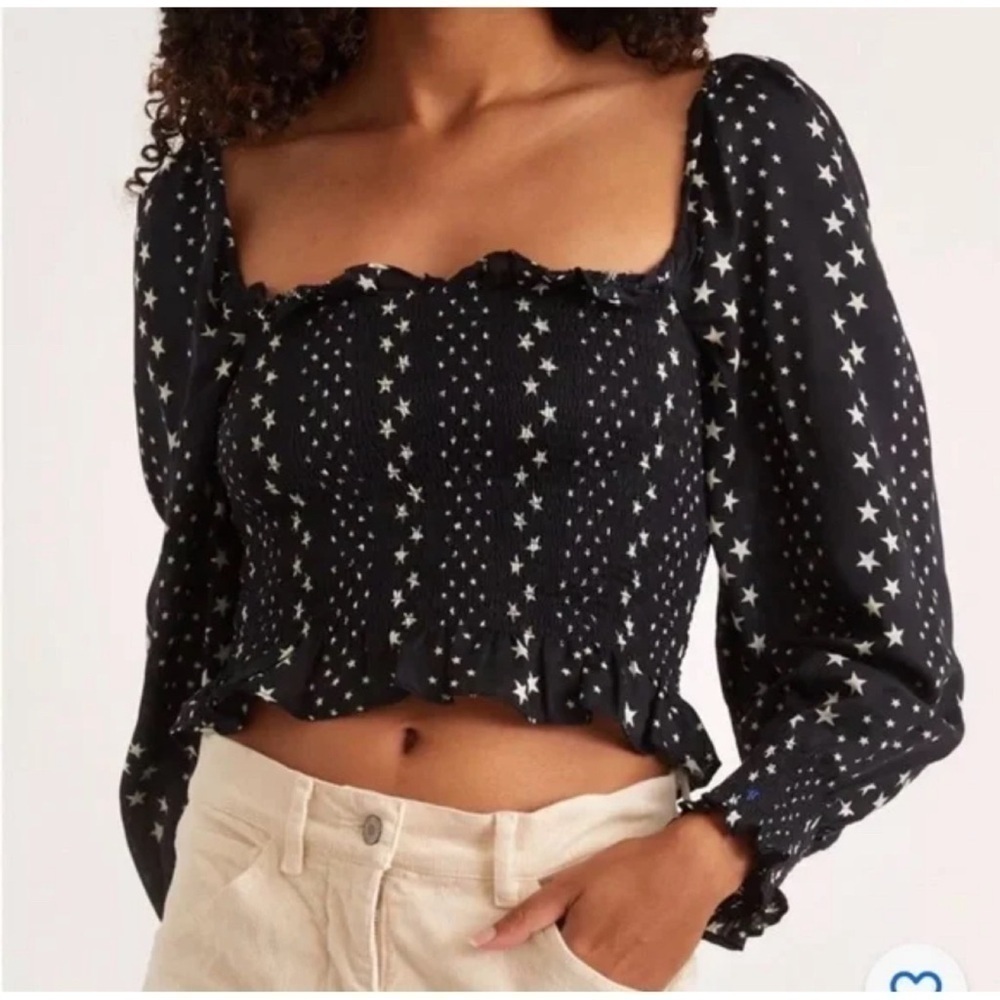 LOVESHACKFANCY Russell stars smocked top puff sleeve black white small pretty - Picture 2 of 10